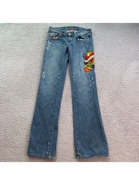 American Republic Y2K Embroidered Love Skull Flare Bootcut Jeans Women's 26